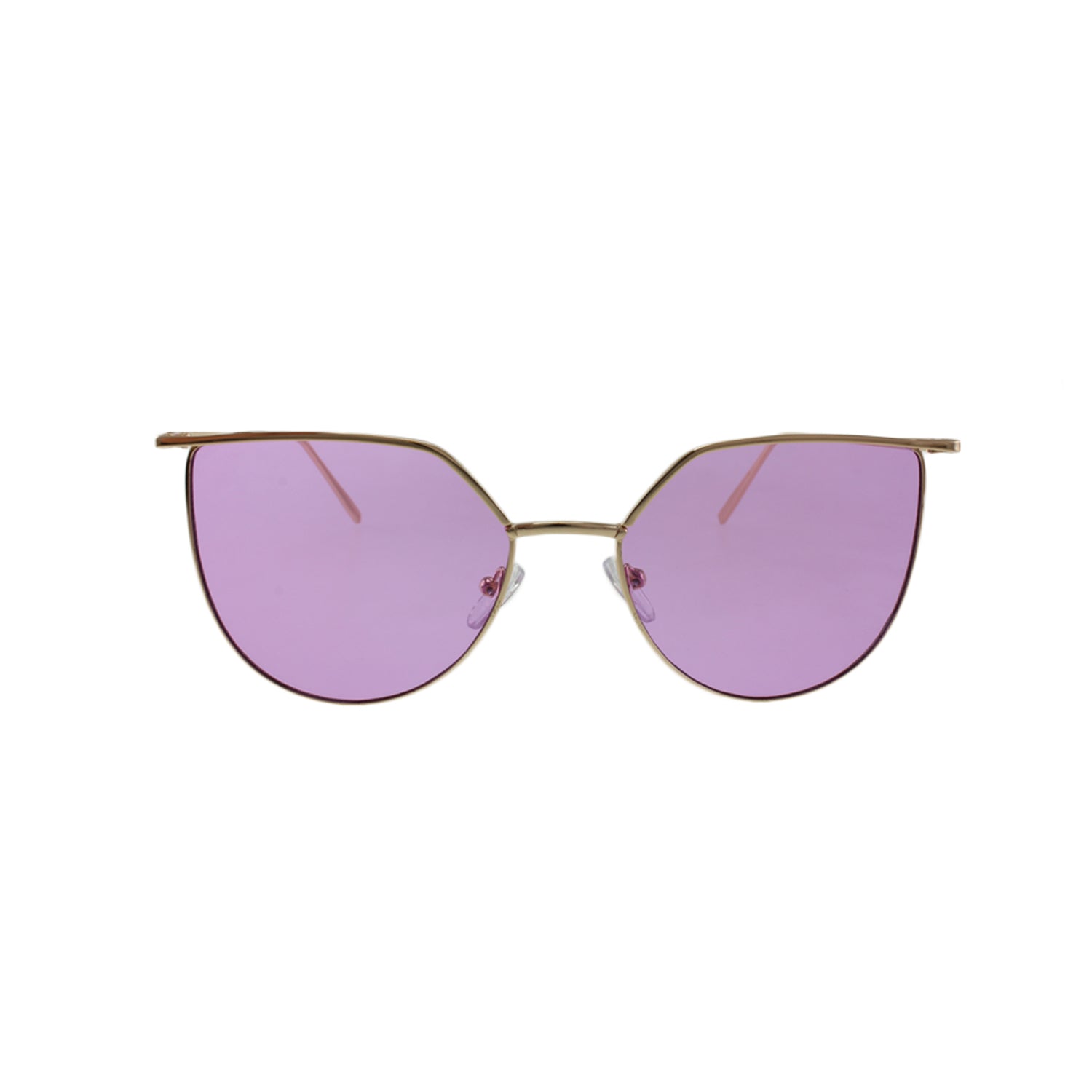Lunettes de soleil à verres violets, monture dorée, forme œil-de-chat, de face.