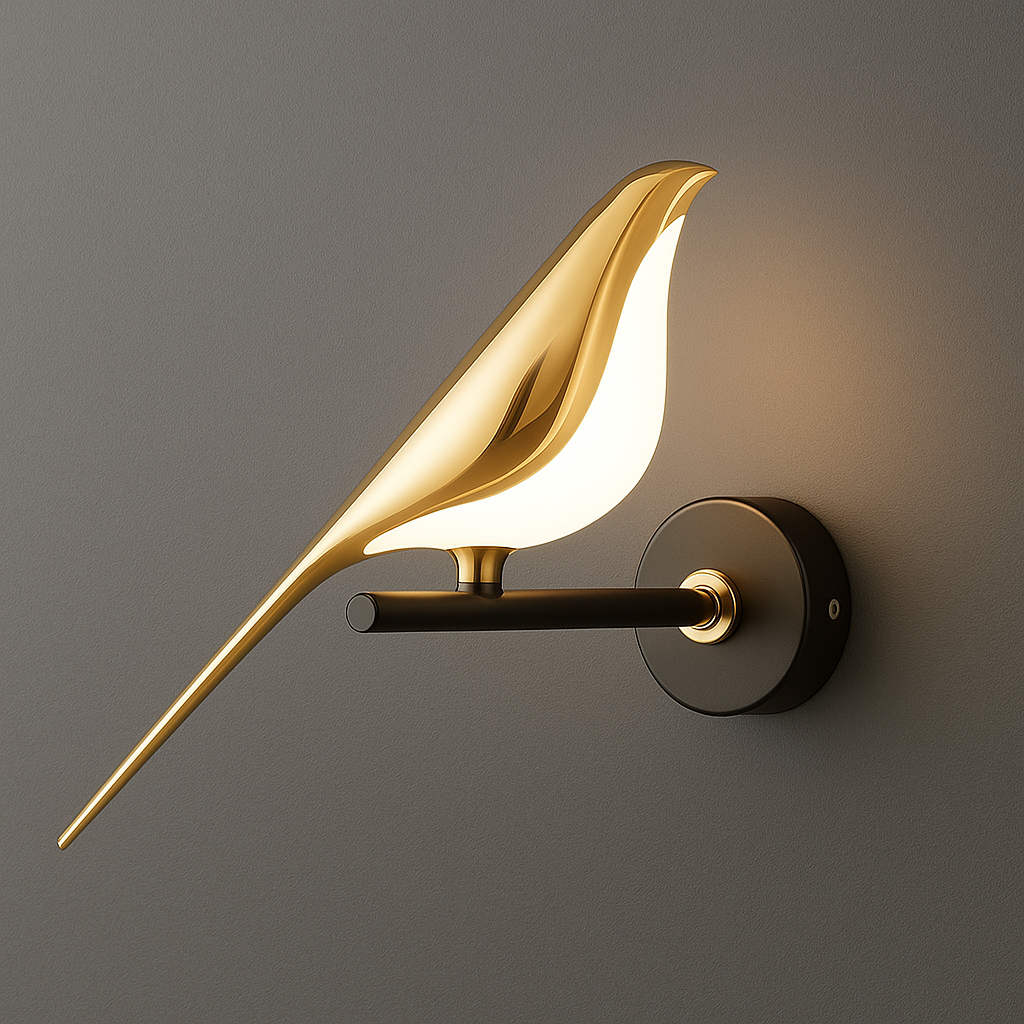 Applique murale LED oiseau aluminium doré avec support noir et lumière blanche.