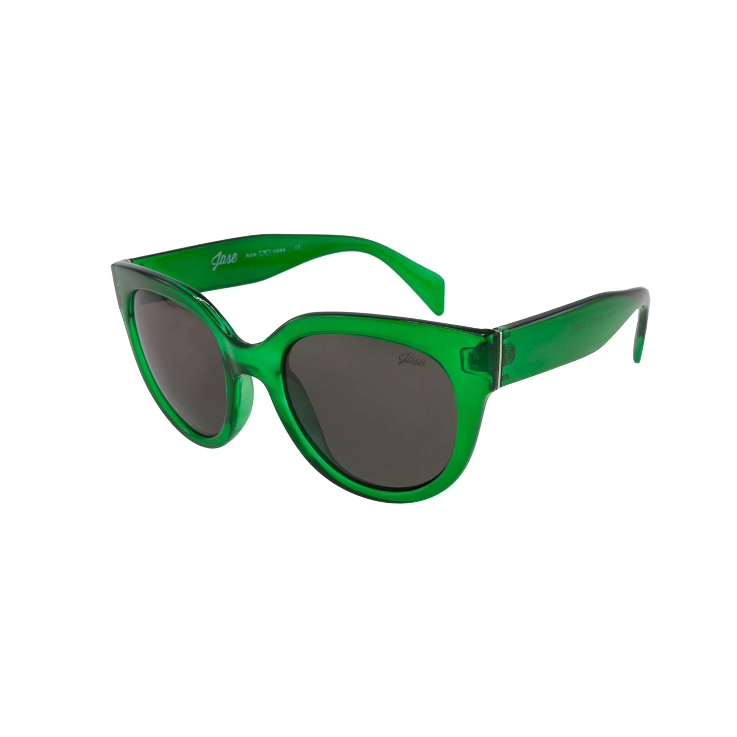 Lunettes de soleil œil-de-chat vert émeraude avec verres foncés et branches vertes.