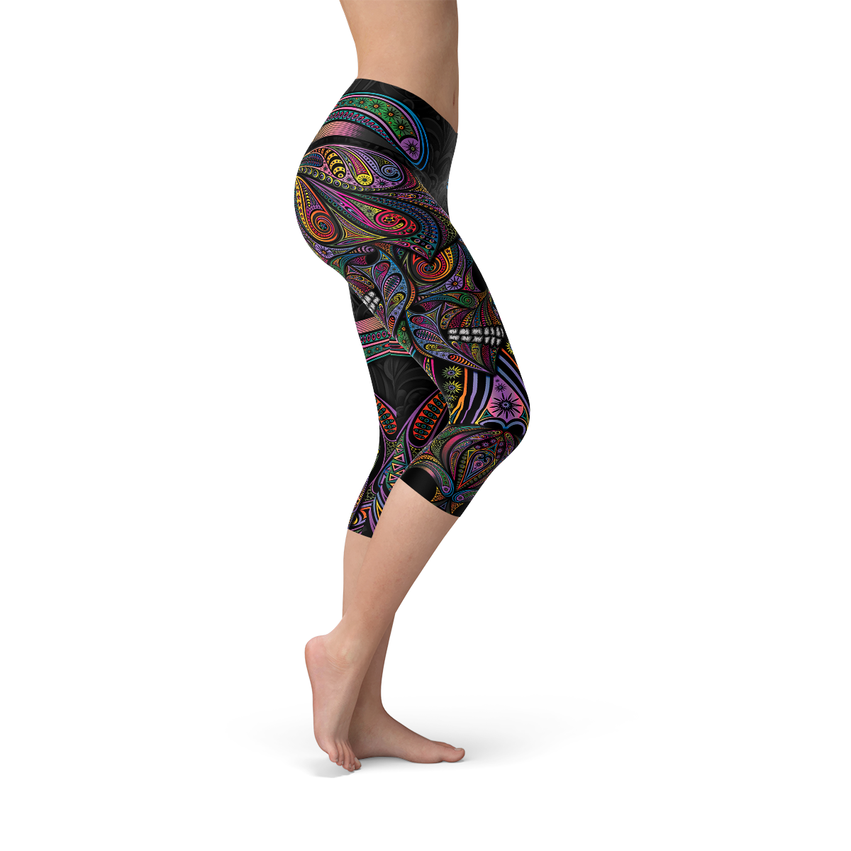 Leggings 3/4 noirs à motifs colorés façon crânes et arabesques, vue de côté