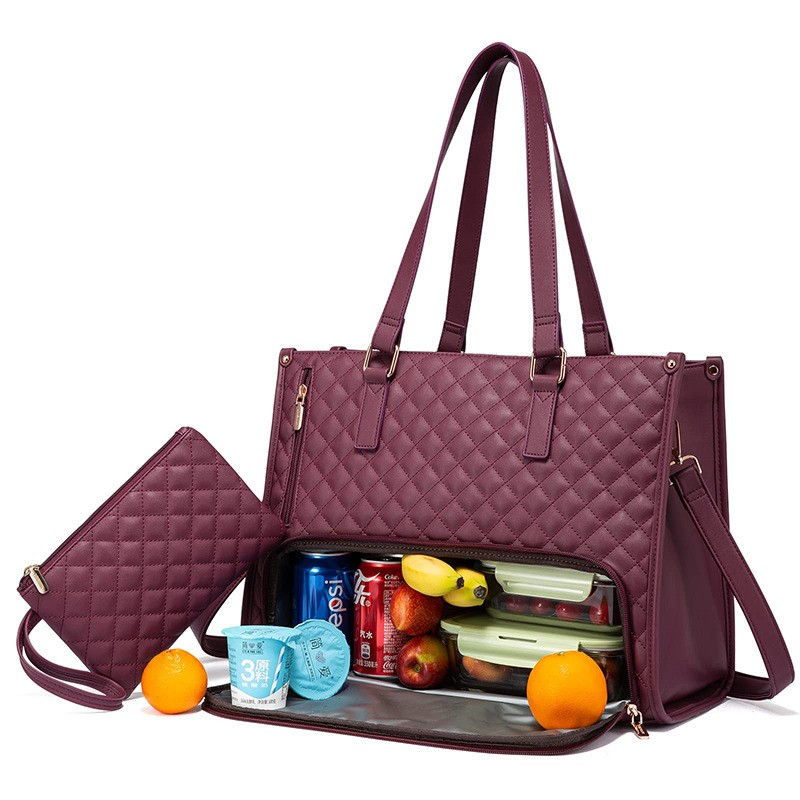 Sac cabas isotherme 2 en 1 bordeaux matelassé, pochette latérale, compartiment repas zippé