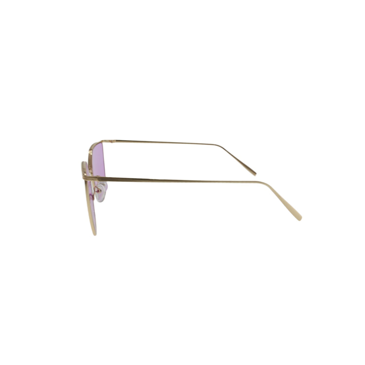 Lunettes de soleil à verres violets, monture dorée, forme œil-de-chat, de face.
