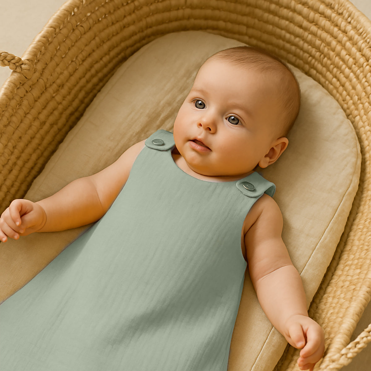 Gigoteuse été verte pour bébé, sans manches, en mousseline avec boutons d’épaule