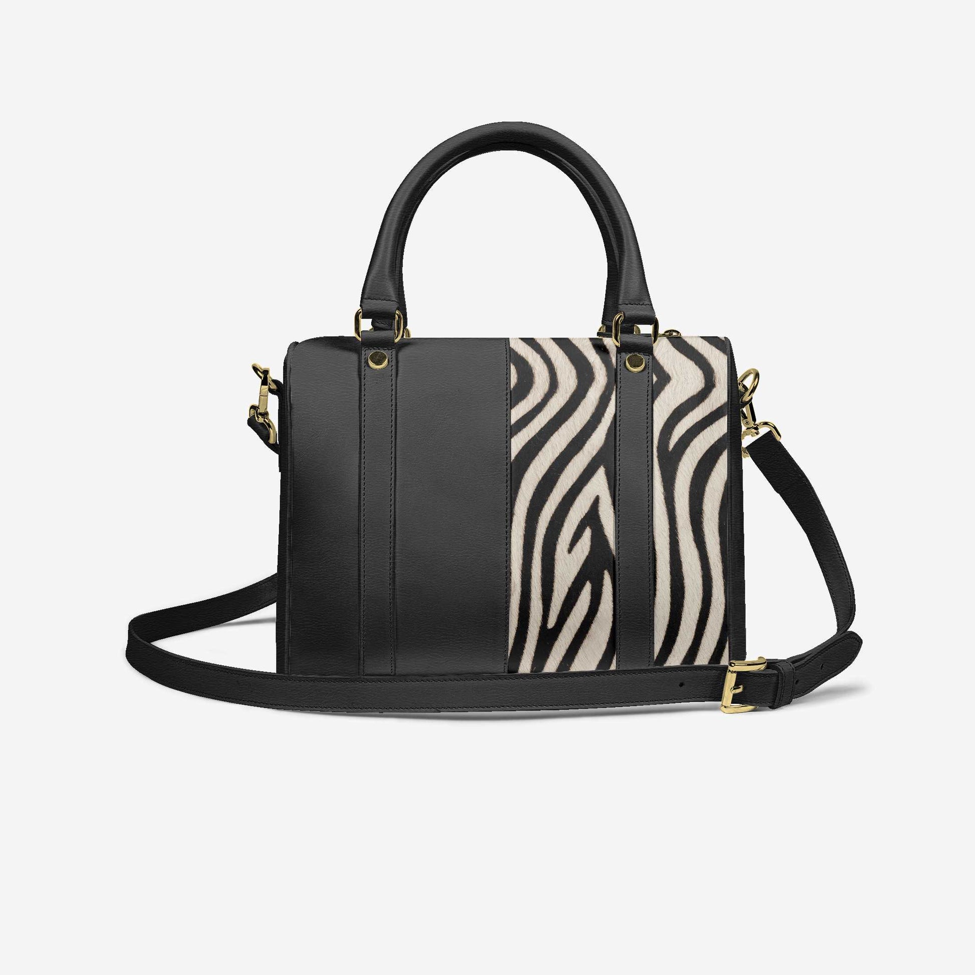 Tote bag cuir noir, panneau rayures zèbre au centre et bandoulière réglable