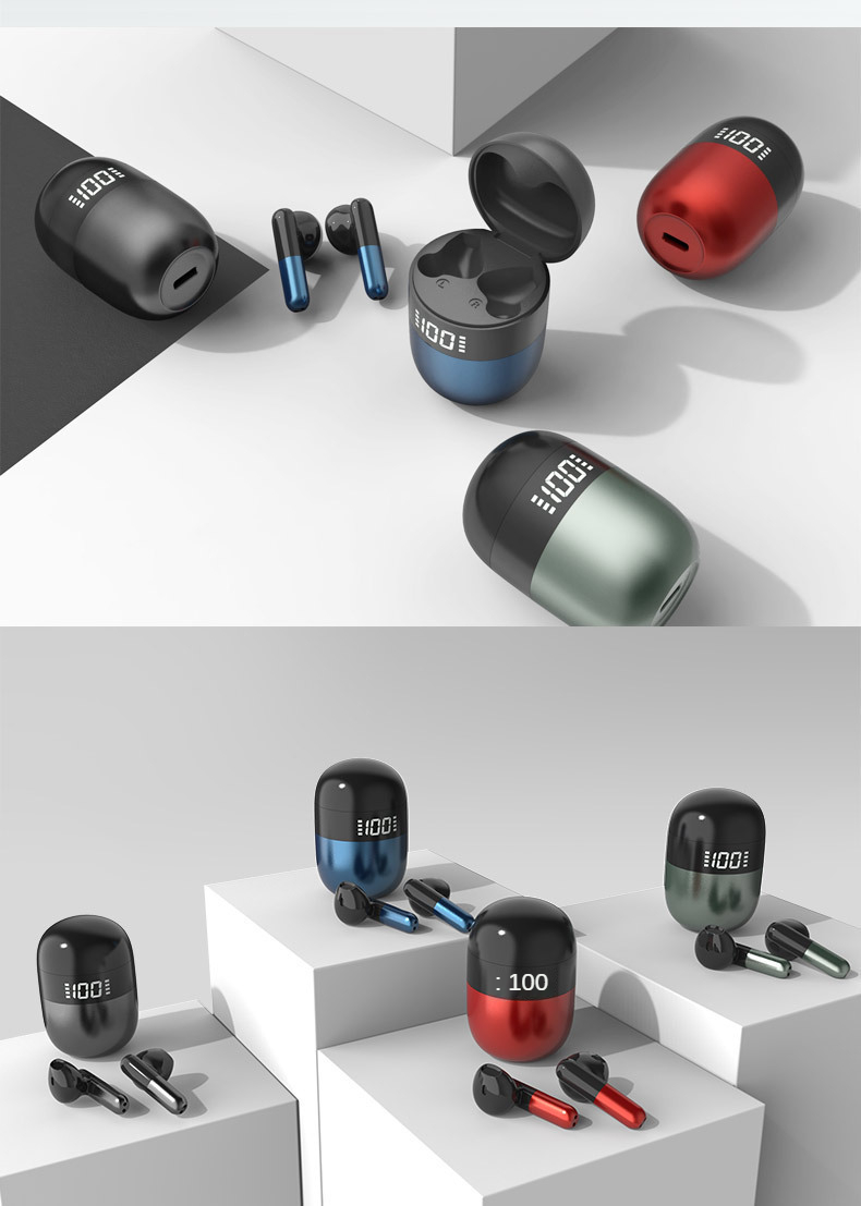 Écouteurs TWS sport Hemys noirs et bleus, commande tactile sur les coques