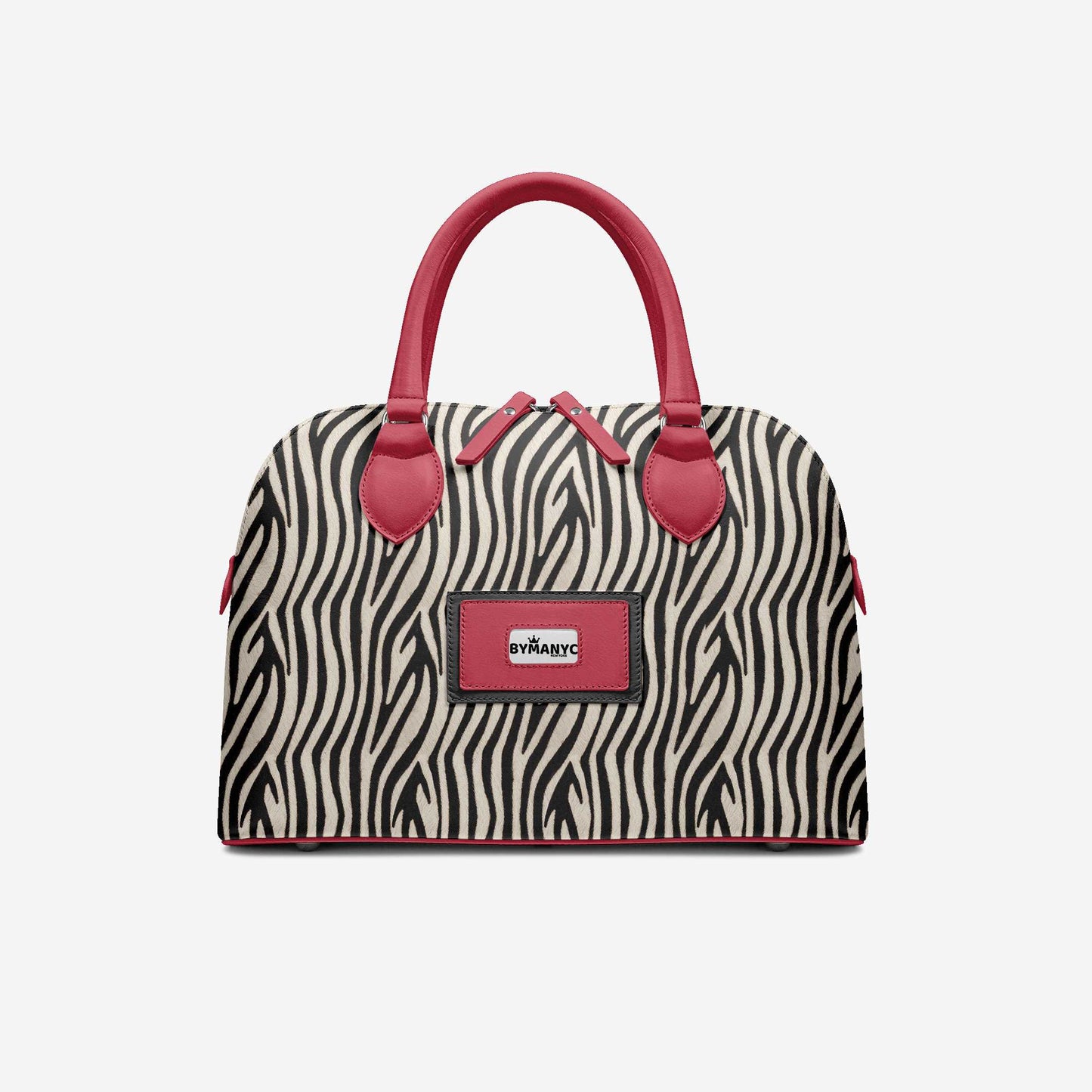 Sac cabas zébré noir et blanc, anses bordeaux, poche avant avec logo BYMANYC