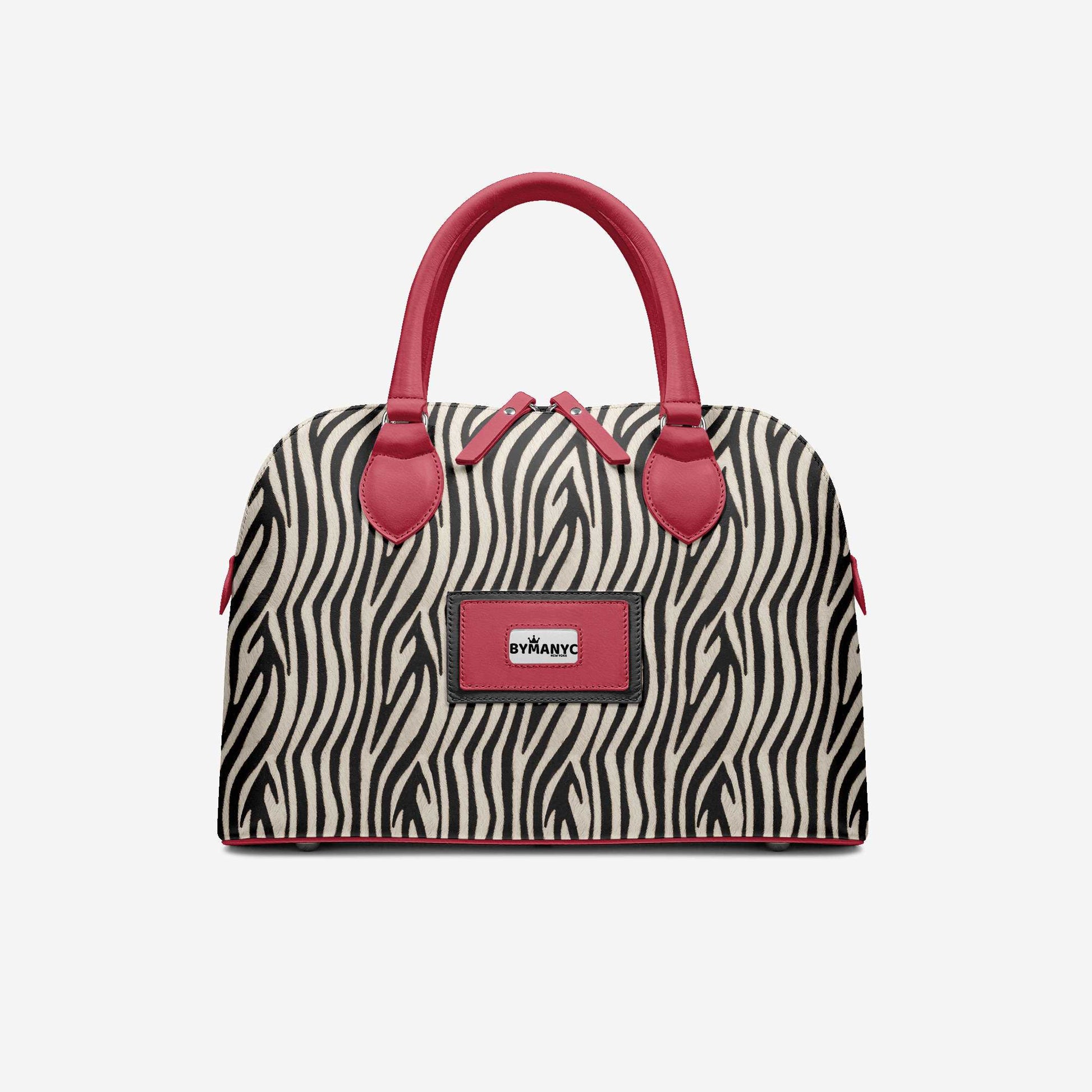Sac cabas zébré noir et blanc, anses bordeaux, poche avant avec logo BYMANYC