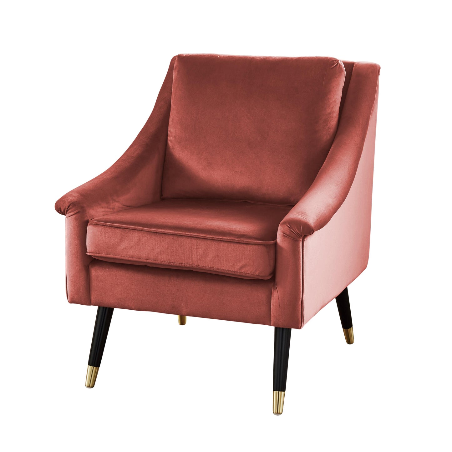 Fauteuil en velours rouge brique, accoudoirs arrondis et pieds noirs dorés
