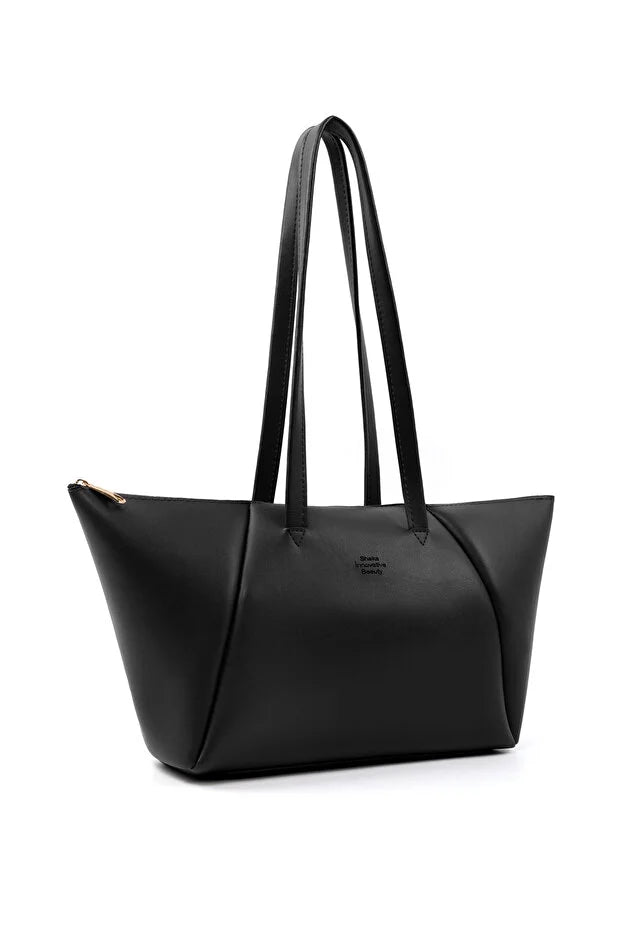 Sac cabas noir en cuir synthétique, anses doubles et poche zippée