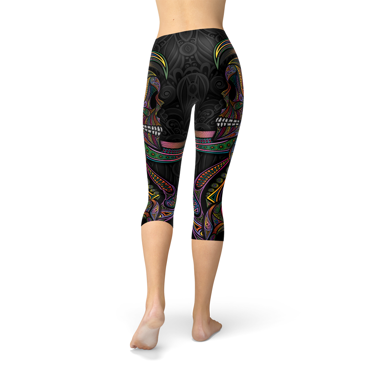 Leggings 3/4 noirs à motif coloré et bandes rayées, vue arrière