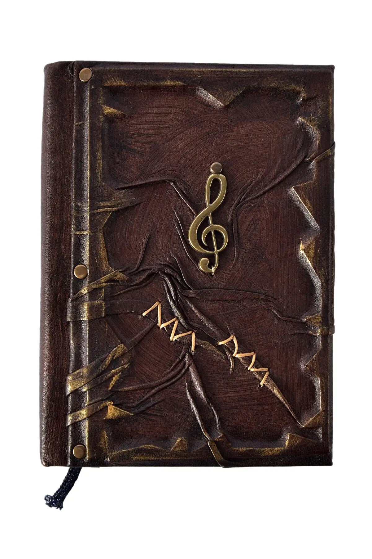 Carnet en cuir veau brun foncé avec motif doré et clé de sol au centre