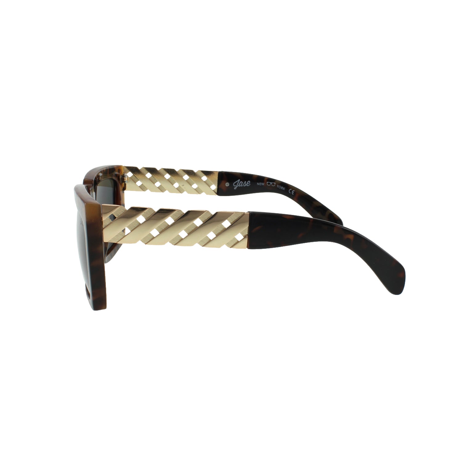 Lunettes monture écaille havane, verres foncés, branches treillage métal doré