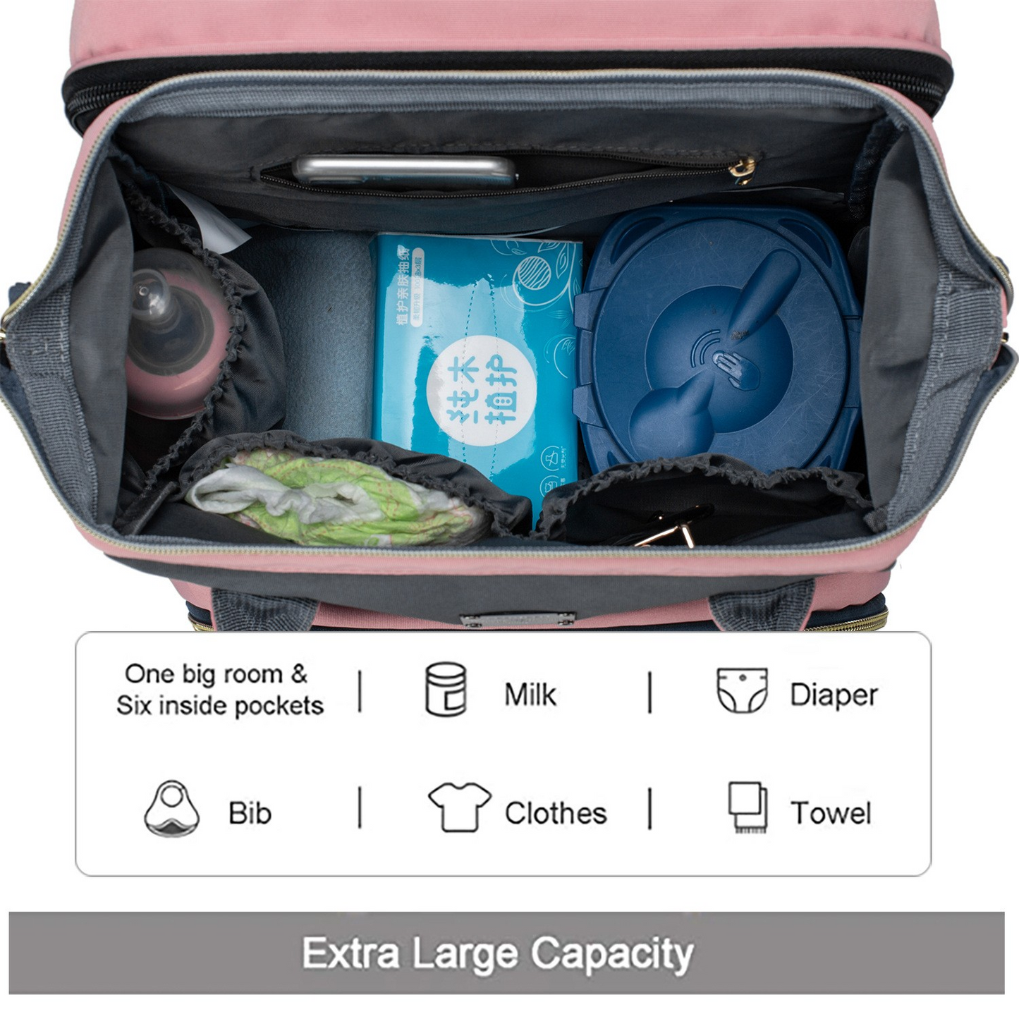 Sac de voyage bébé ouvert rose et noir, grand compartiment avec poches pour biberon