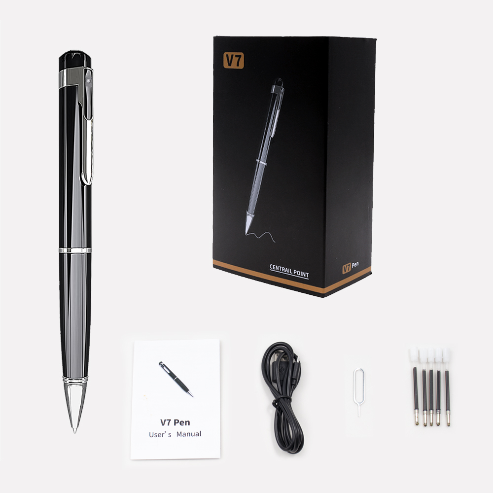 Stylo caméra noir avec accessoires : manuel, câble, recharges et pointes