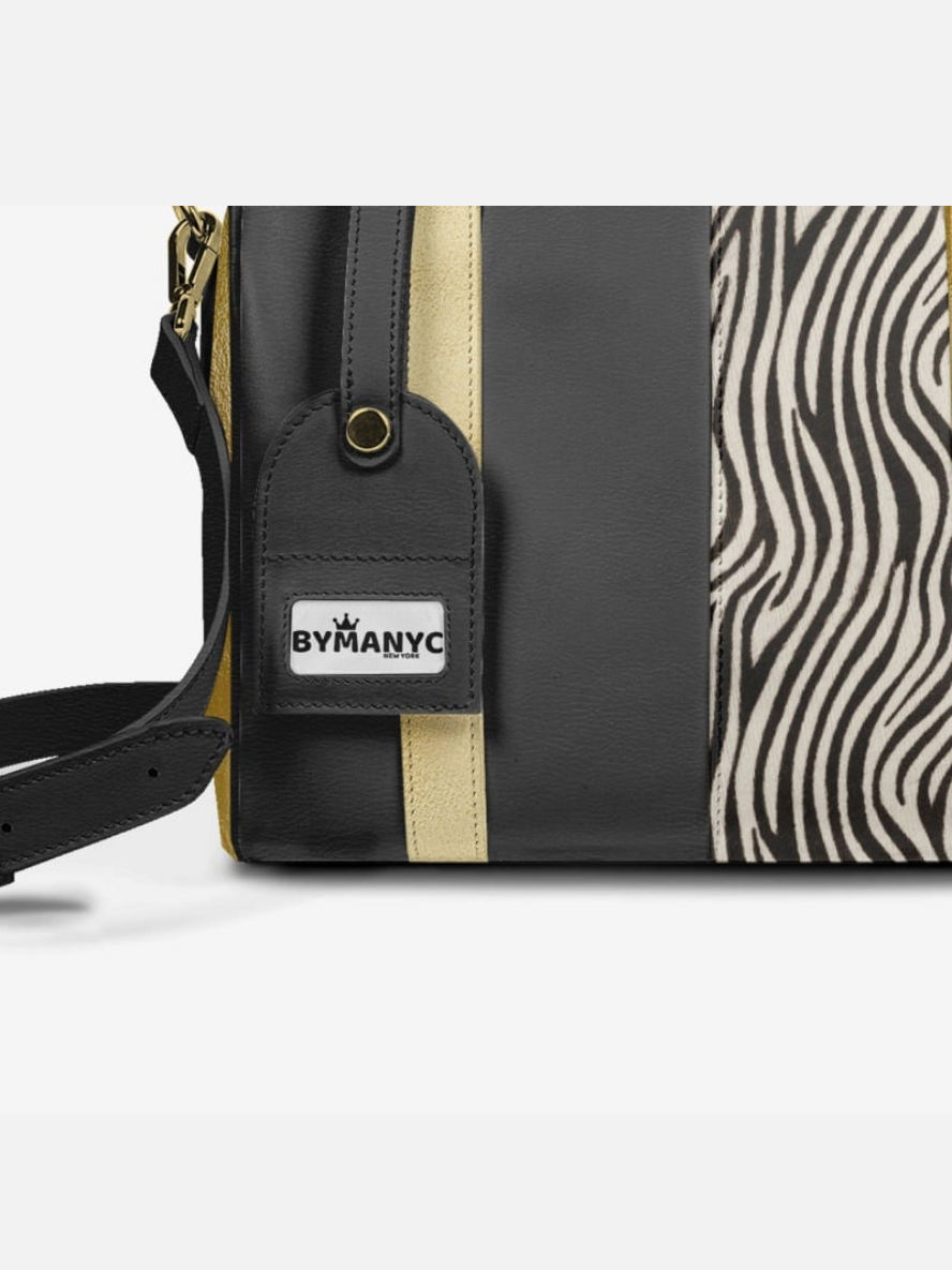 Sac à main rectangulaire avec bandoulière, noir, beige zébré et liserés dorés