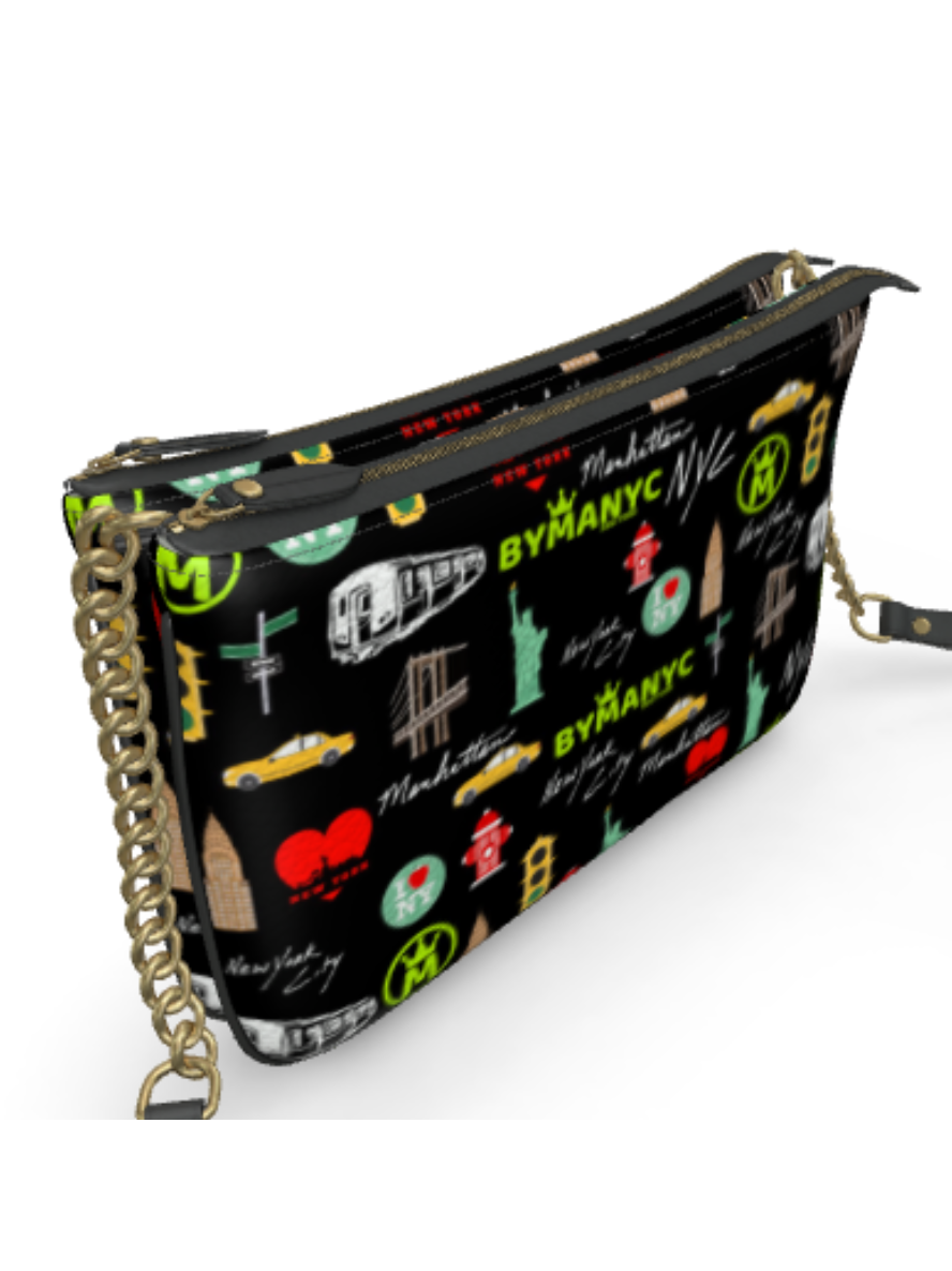 Sac à main bandoulière noir en cuir, fermeture éclair, motif urbain multicolore, chaîne dorée