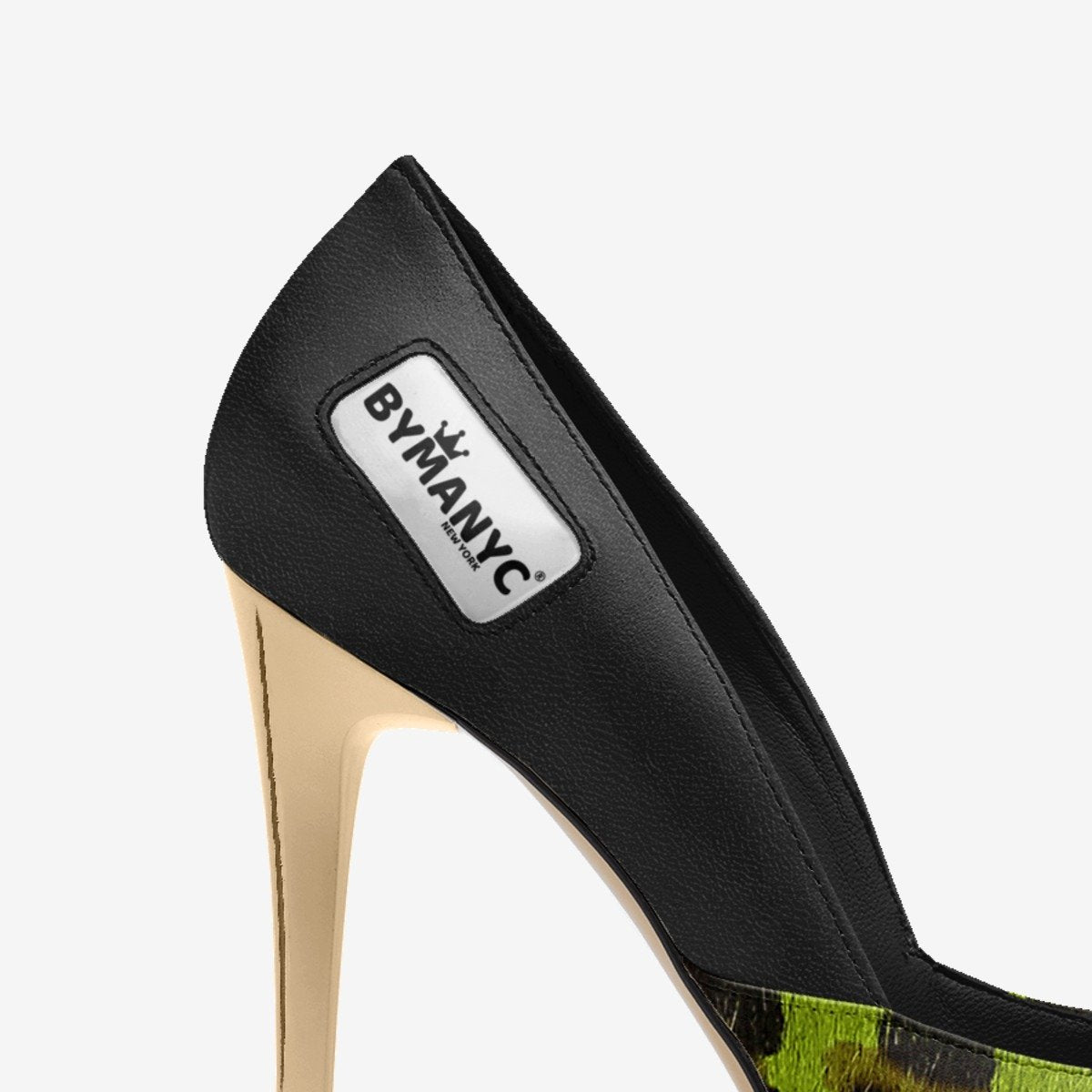 Escarpins femme motif camouflage vert, intérieur noir, semelle dorée, vue profil