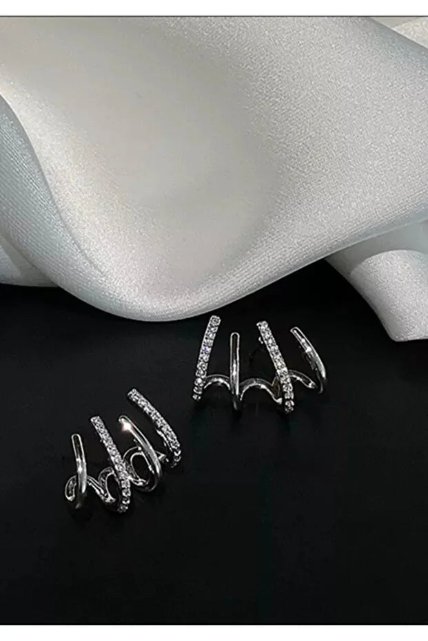 Paire de boucles d’oreilles zircon argenté, créoles empilées avec pierres transparentes