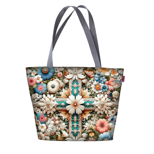 Sac cabas Bertoni Margaret en toile, motif fleuri multicolore et anses gris foncé.