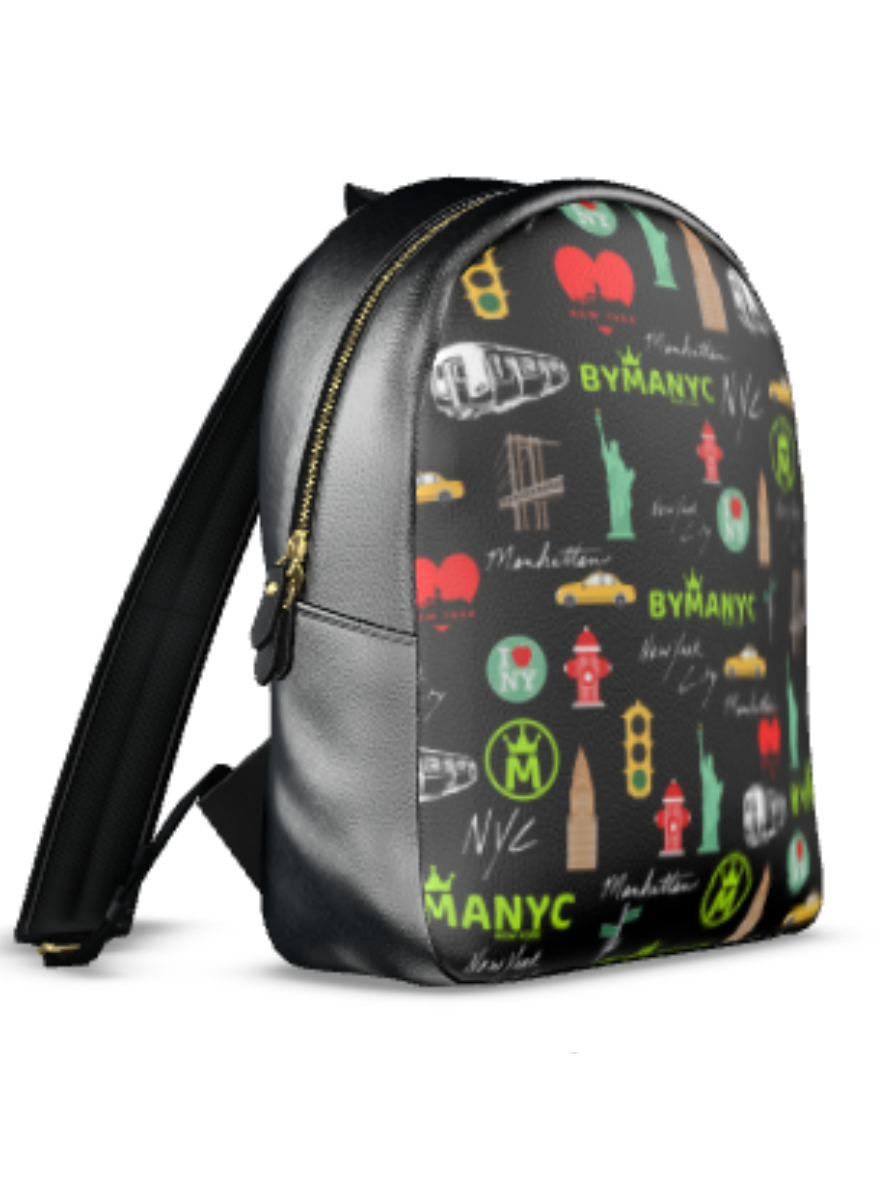 Sac à dos en cuir noir à imprimé BYMANYC multicolore, fermeture zippée