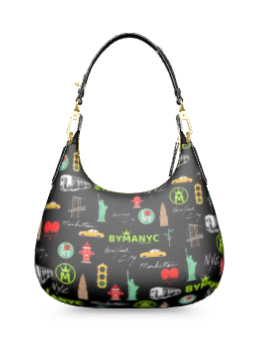 Sac hobo BYMANYC imprimé, forme arrondie, anses noires avec détails dorés