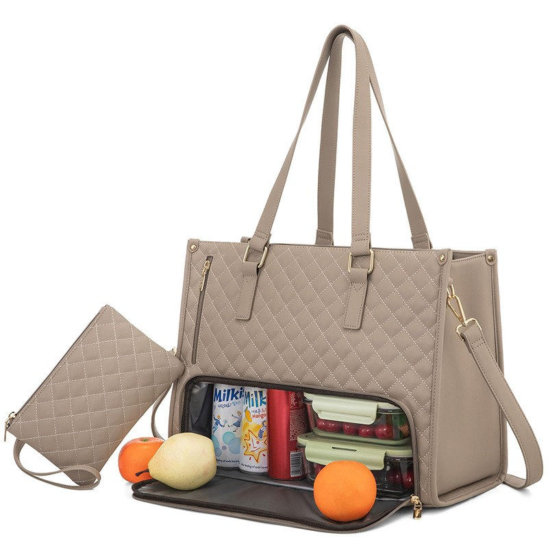 Sac cabas isotherme 2 en 1 beige matelassé, pochette latérale, compartiment repas zippé