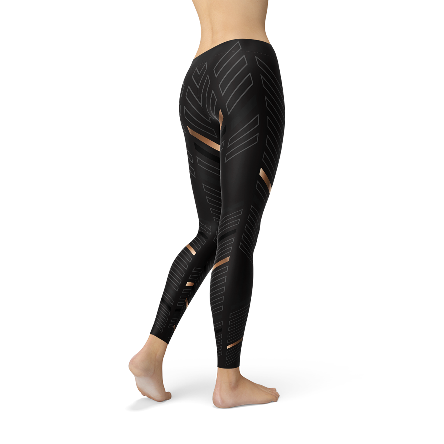 Leggings de sport noirs vue latérale avec motif rayures et bandes dorées