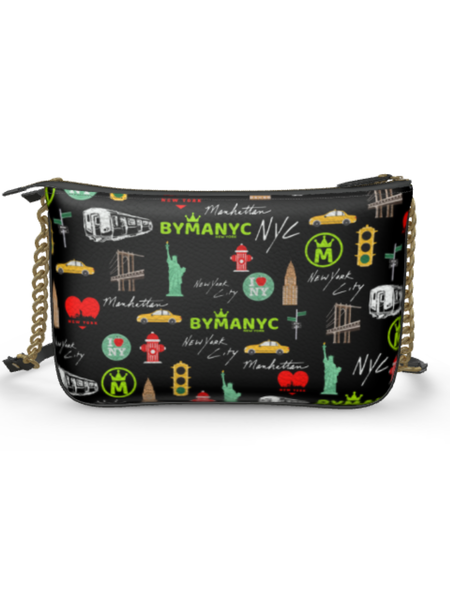 Sac à main bandoulière noir en cuir, motif urbain multicolore, fermeture éclair sur le dessus
