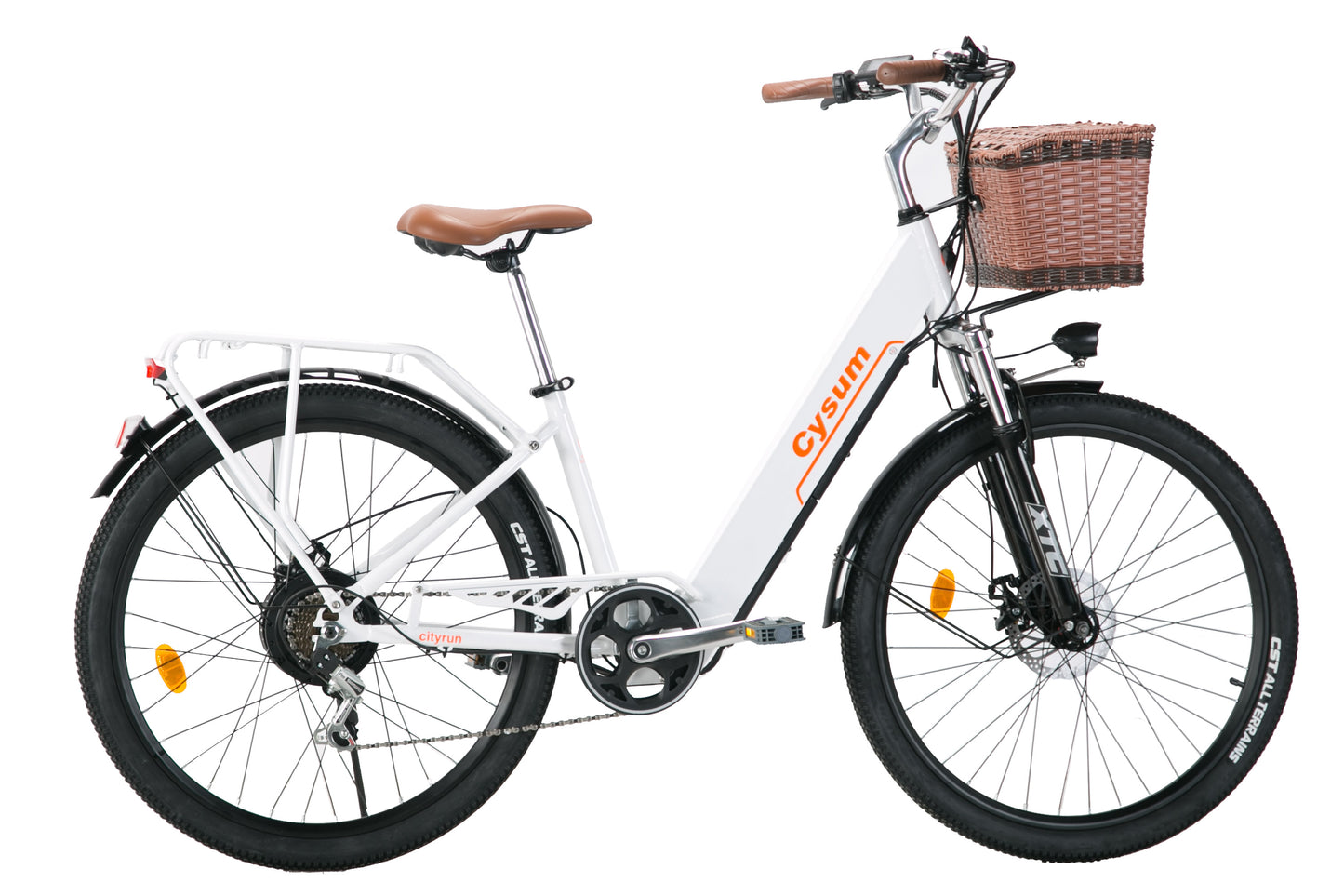 Vélo électrique CYSUM Cityrun blanc 26 pouces avec cadre step-through et panier
