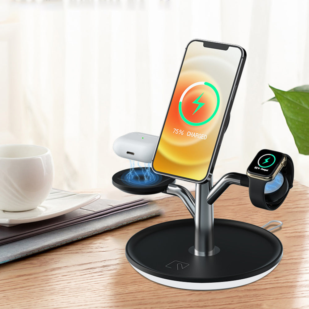 Support de charge sans fil Qi avec socle noir et supports pour téléphone et montre