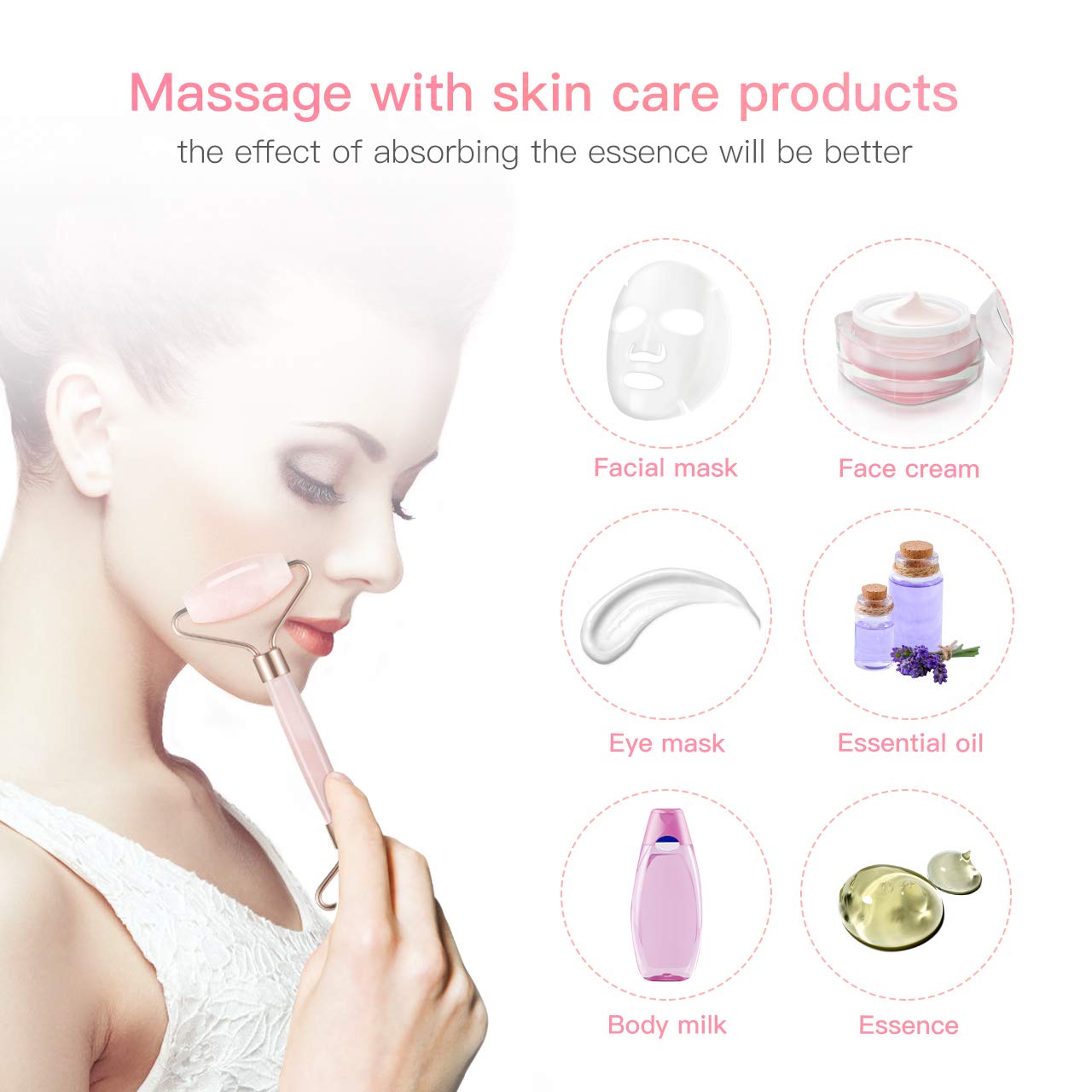 Rouleau de massage facial compact à double tête en pierre rose, manche blanc