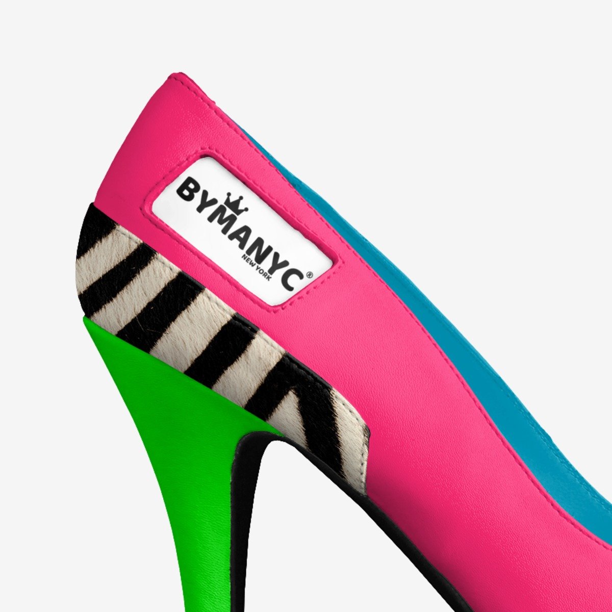 Chaussure BYMANYC vue semelle : contour motif zèbre, intérieur vert, dessous rose et noir