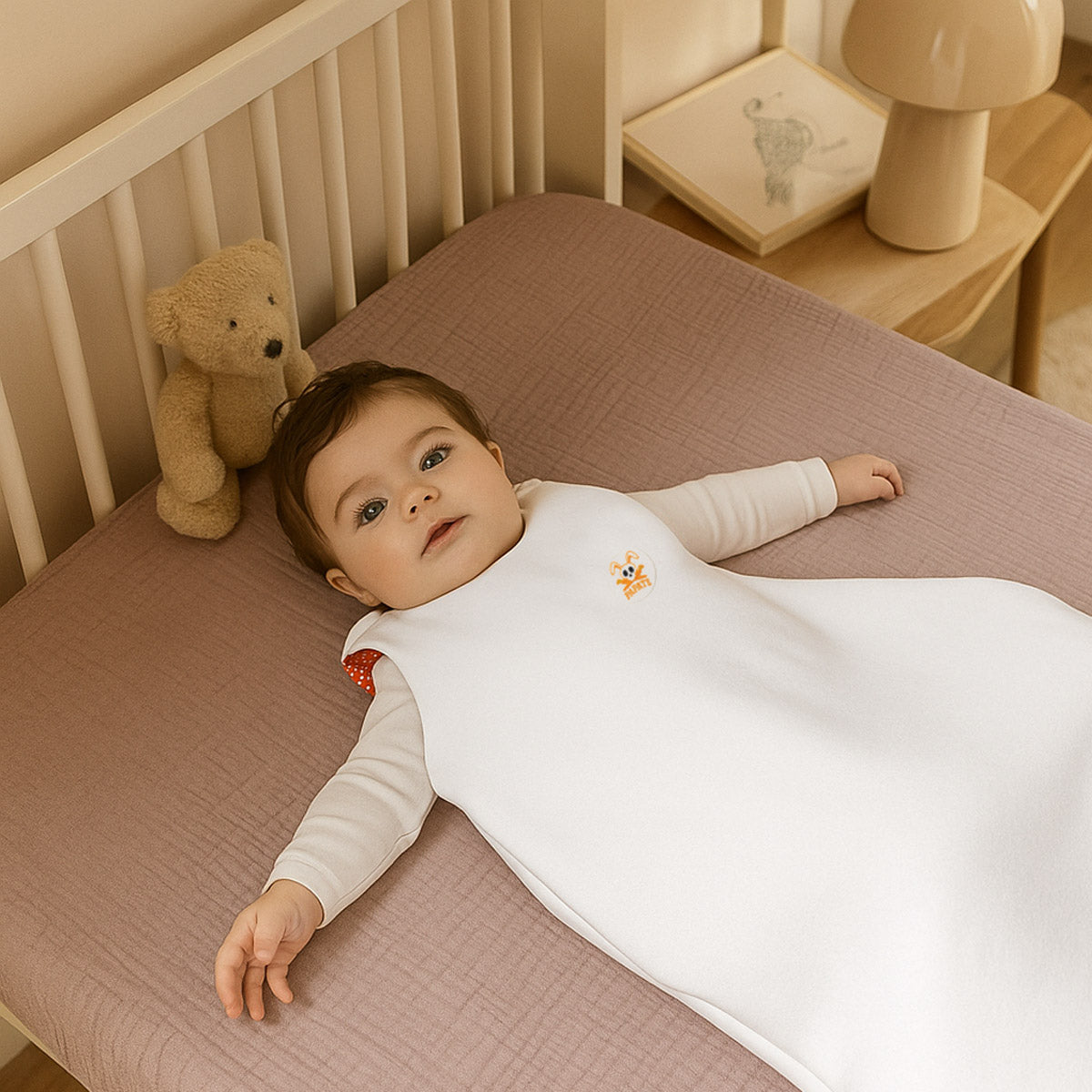 Gigoteuse bébé blanche sans rembourrage, nourrisson allongé, motif sur la poitrine.