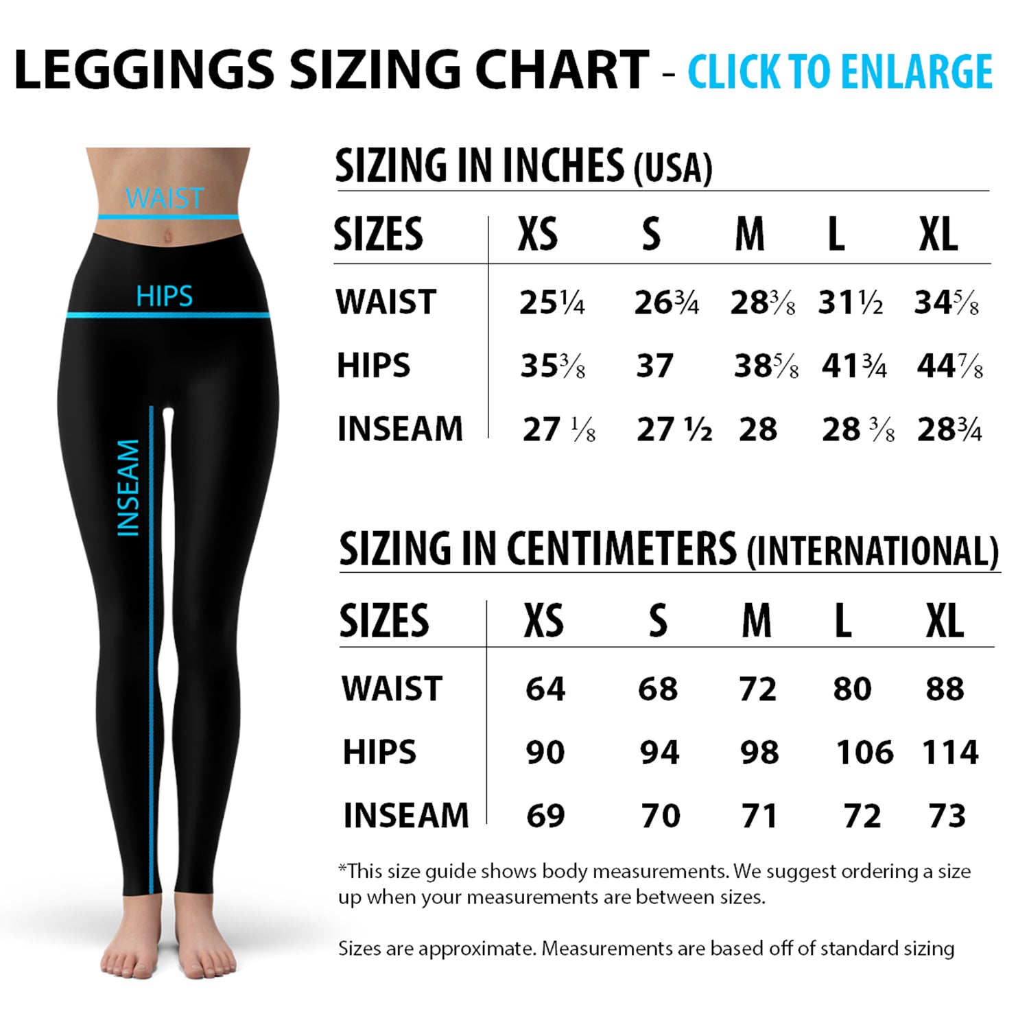 Tableau des tailles des leggings : tour de taille, hanches et entrejambe, pouces et cm
