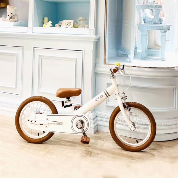 Vélo d’équilibre 2-en-1 iimo 14" blanc, selle brune, roues marron, pédalier visible