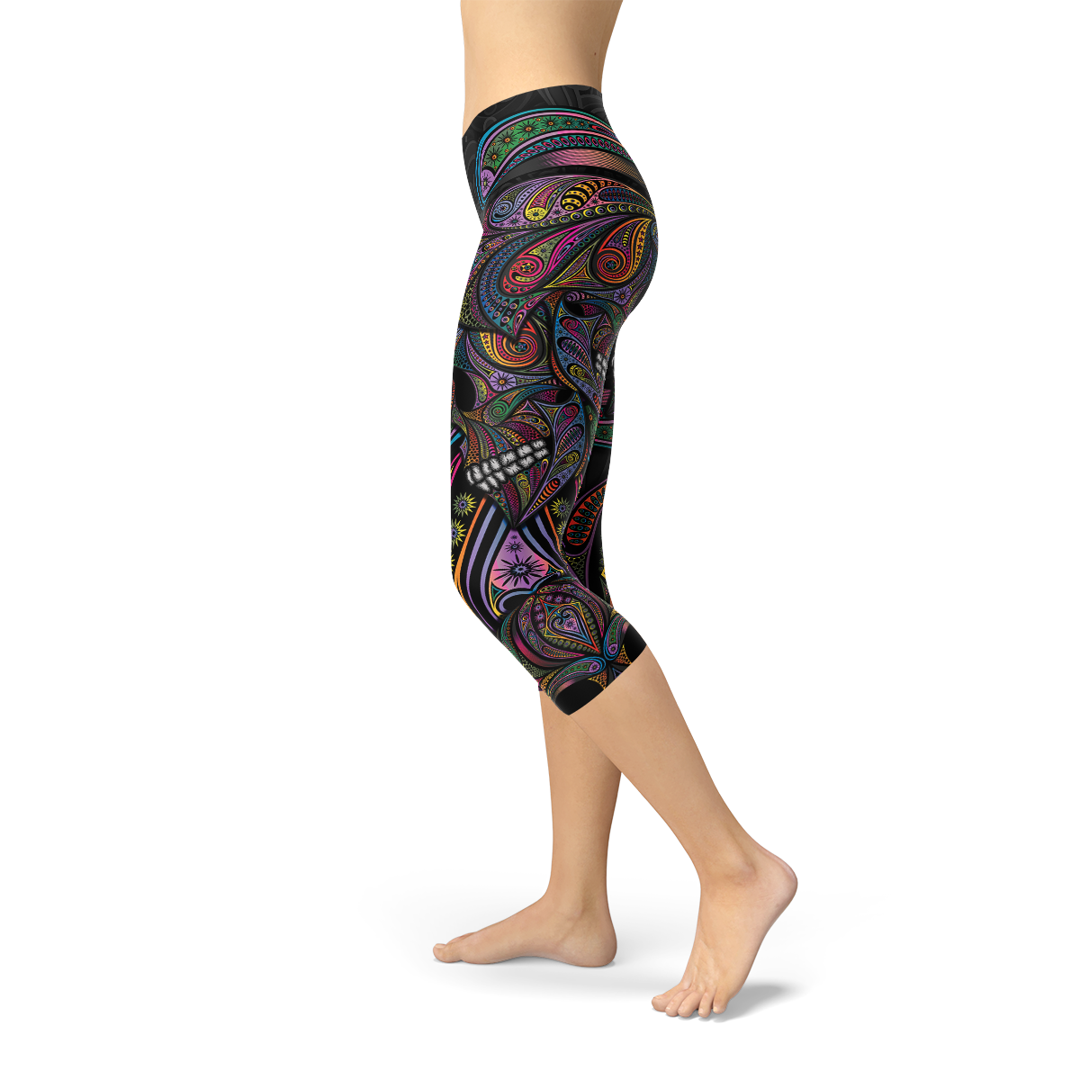 Leggings 3/4 noirs à motifs colorés détaillés, longueur 3/4