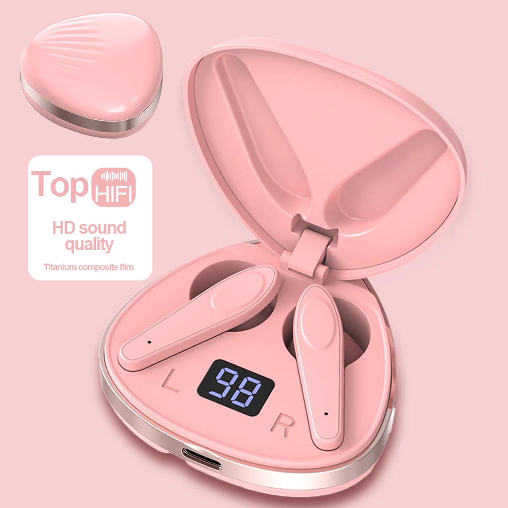 Écouteurs TWS Bluetooth roses dans leur boîtier, affichage LED