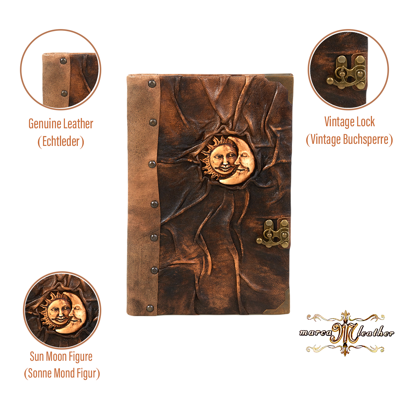 Carnet en cuir brun foncé avec couverture cloutée et motif Soleil Lune en relief
