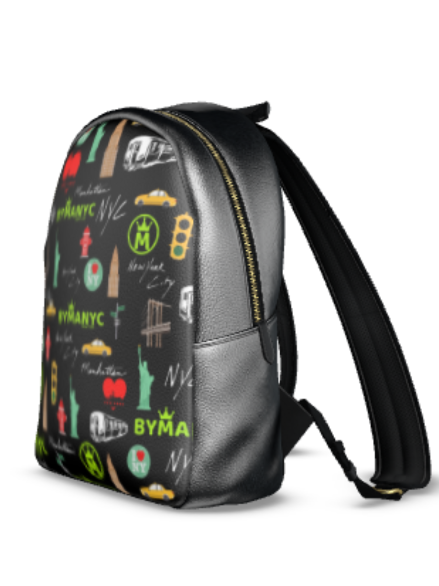 Sac à dos en cuir noir imprimé BYMANYC multicolore, bretelles et zip