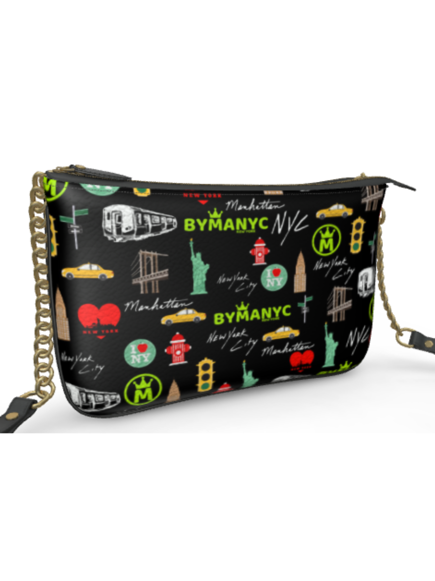 Sac bandoulière noir BYMANYC ®, imprimé New York coloré, anse chaînée et base arrondie