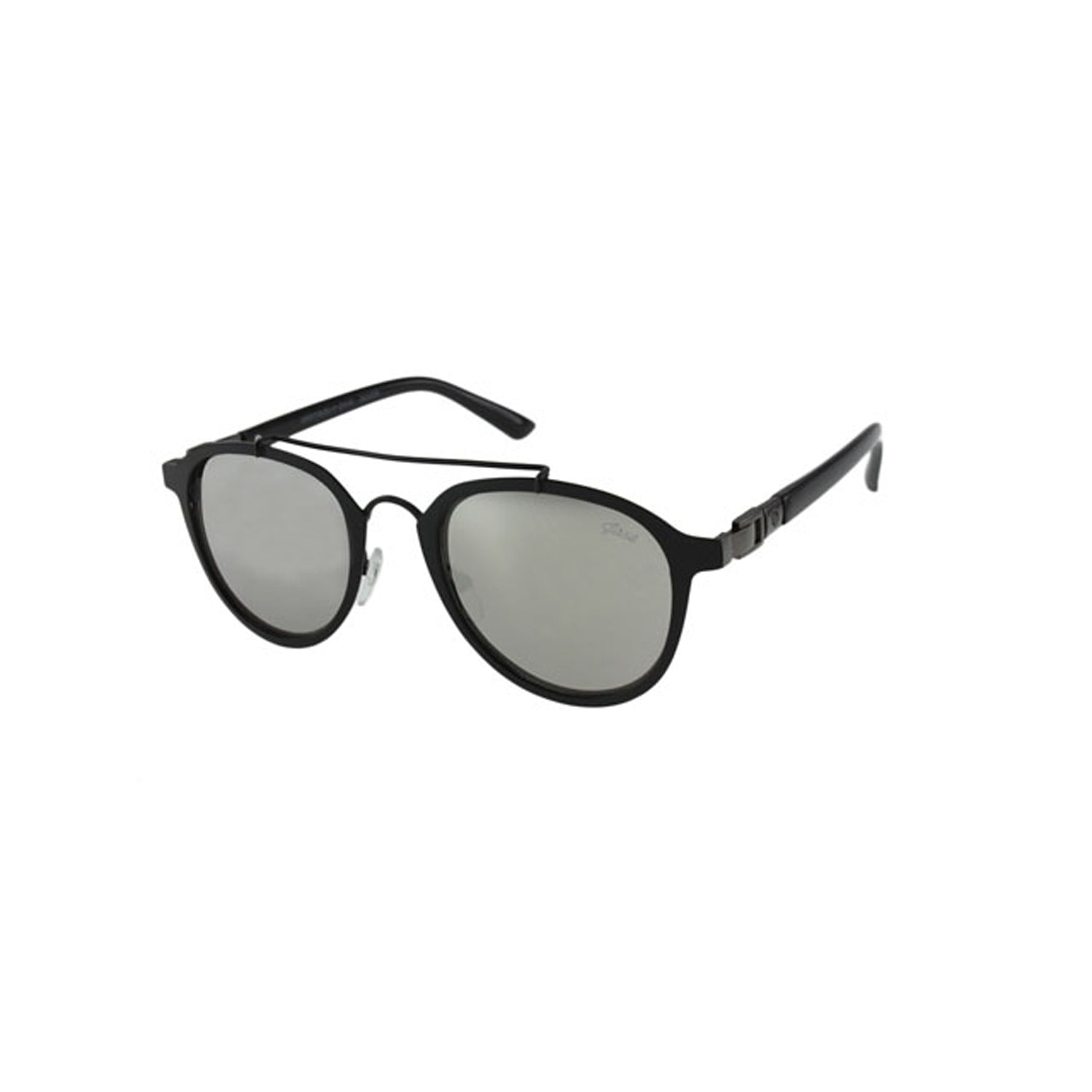 Lunettes ovales unisexes en métal noir mat, verres gris, branches fines.