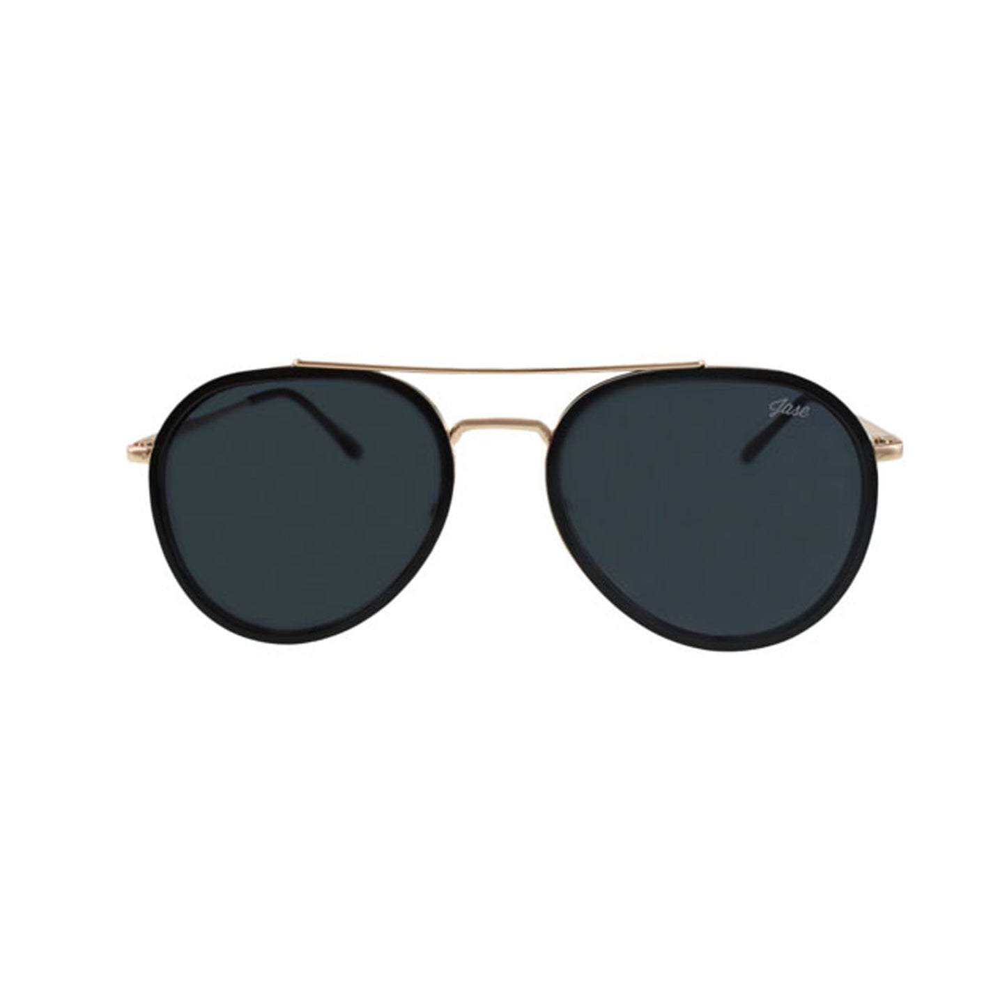 Lunettes de soleil unisex monture dorée, verres foncés ronds, vue de face