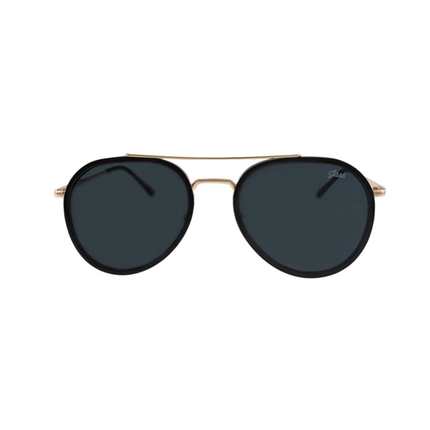 Lunettes de soleil unisex monture dorée, verres foncés ronds, vue de face