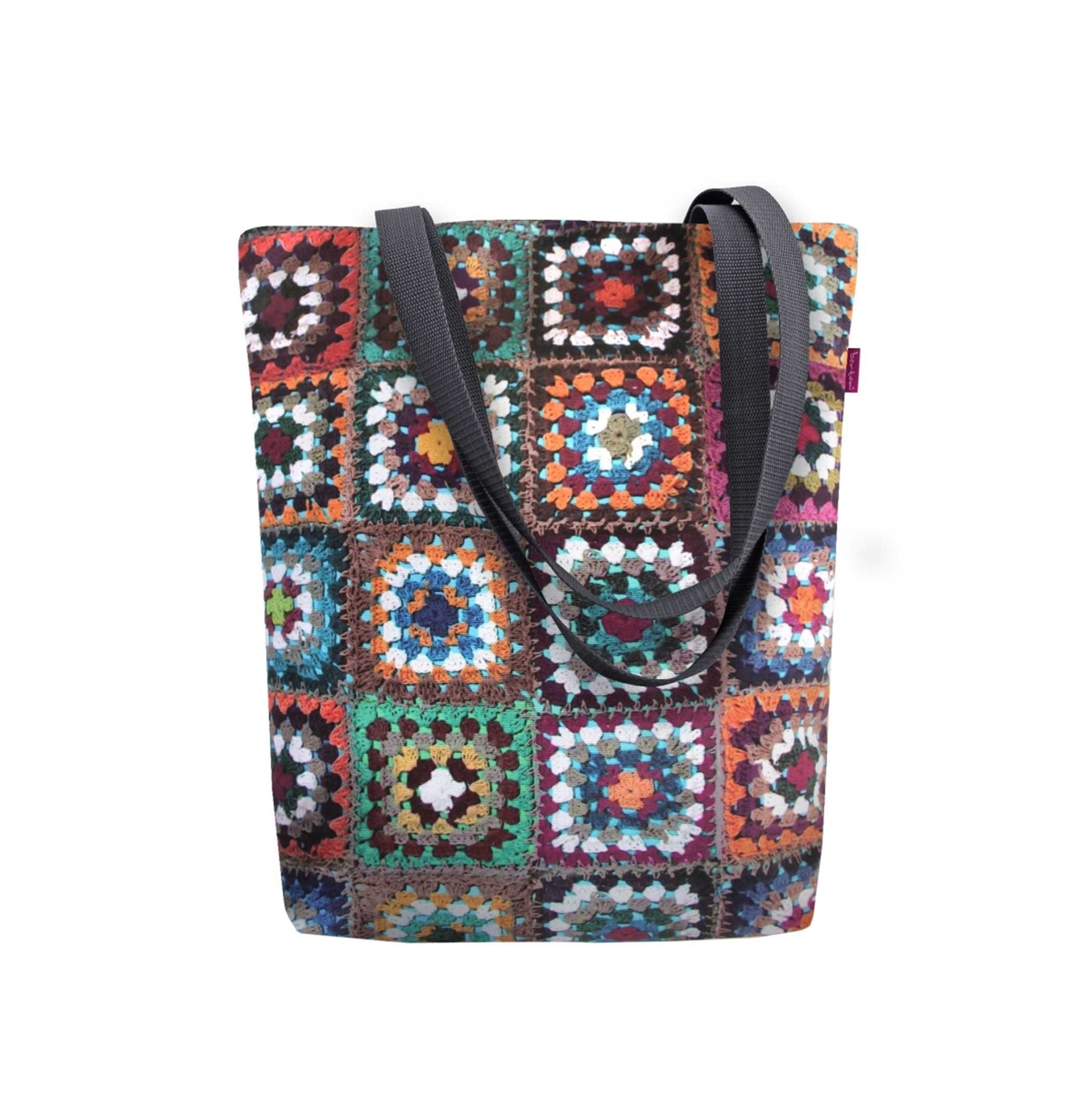 Sac cabas à bandoulière en toile patchwork à carrés multicolores, bord noir
