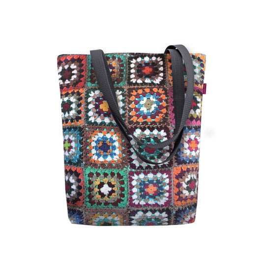 Sac cabas à bandoulière en toile patchwork à carrés multicolores, bord noir