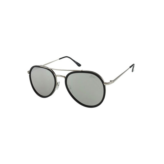 Lunettes de soleil unisex, monture noire et branches argent, verres gris ovales.