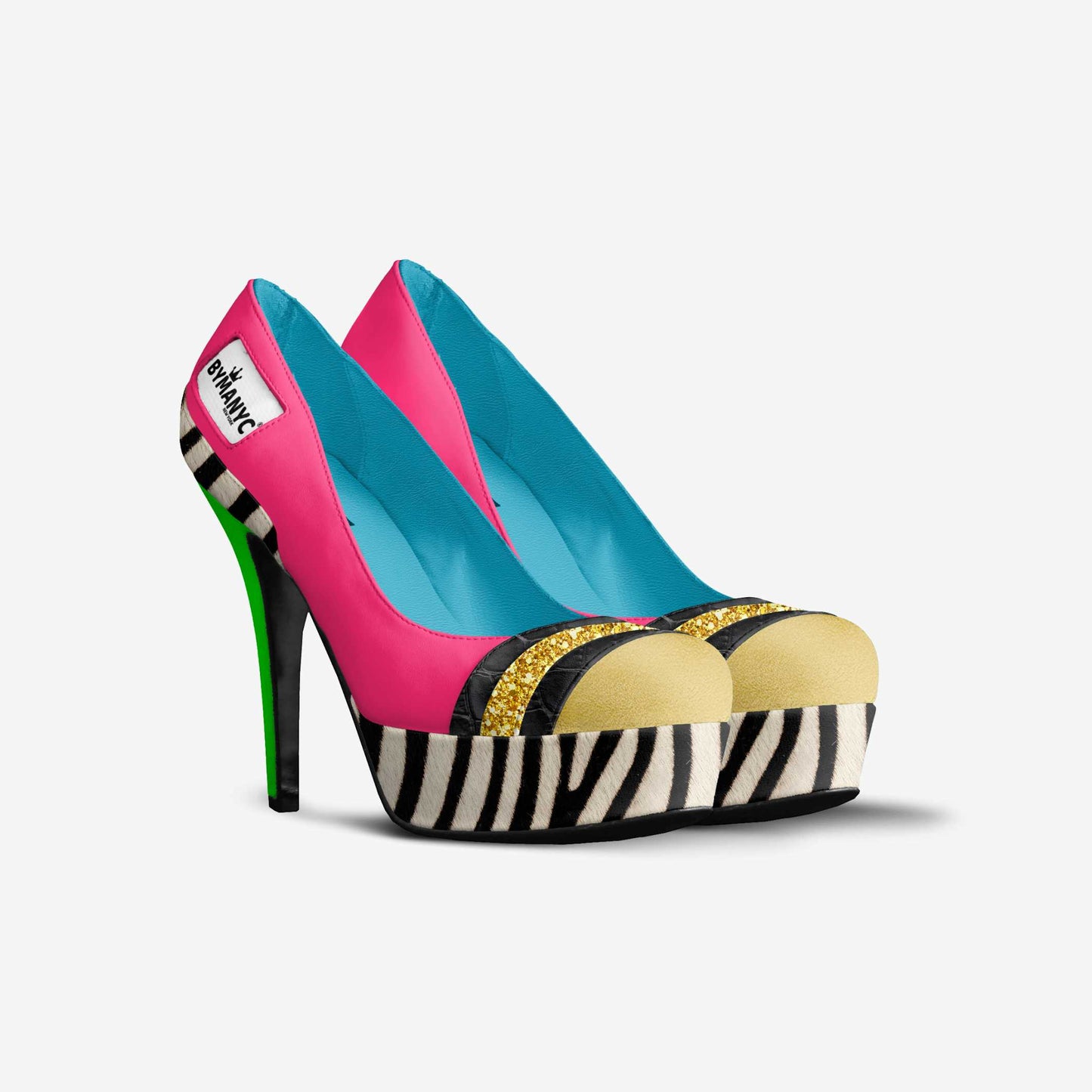 Chaussure à talon fin BYMANYC rose et bleu, bout beige pailleté doré, semelle motif zèbre