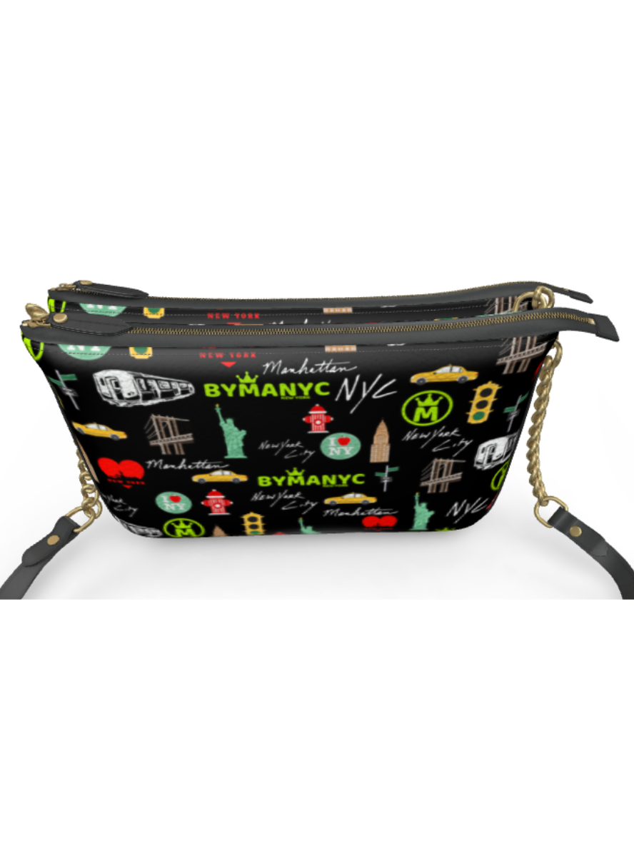 Sac à main bandoulière noir motif urbain multicolore, anse chaîne dorée, forme rectangulaire