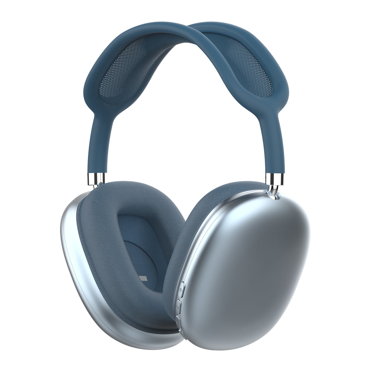 Casque sport Bluetooth bleu clair et gris, arceau réglable et coussinets rembourrés.