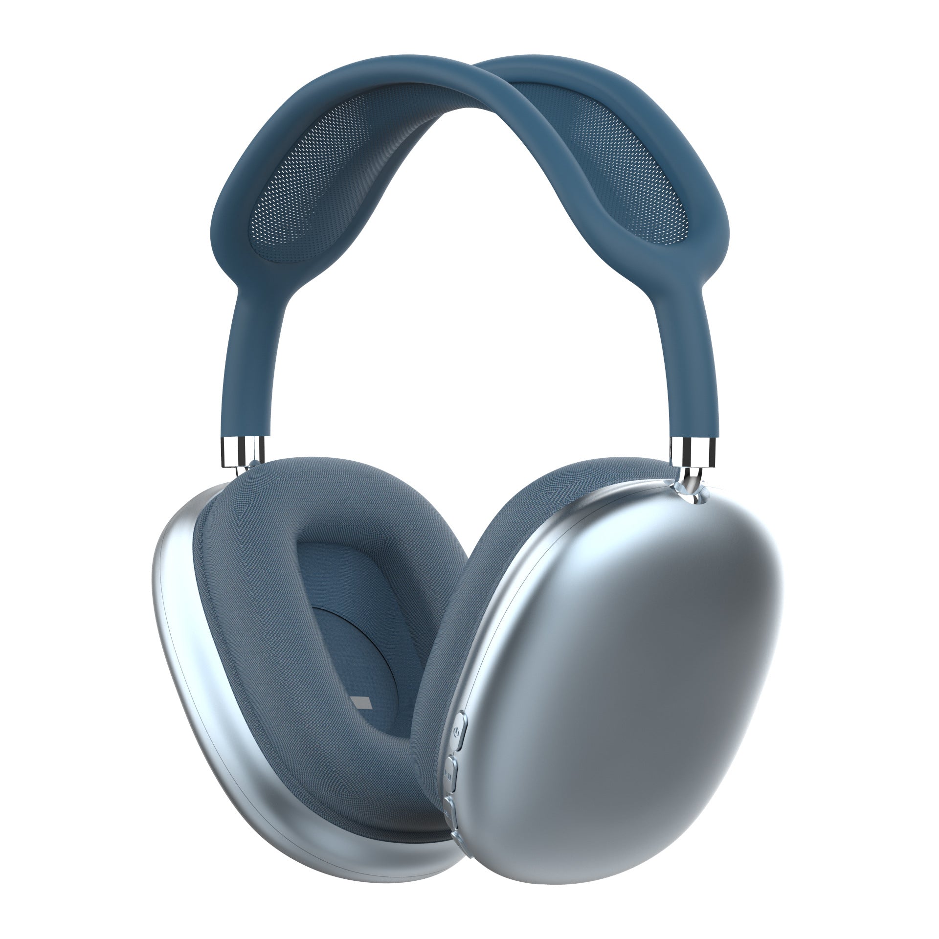 Casque sport Bluetooth bleu clair et gris, arceau réglable et coussinets rembourrés.
